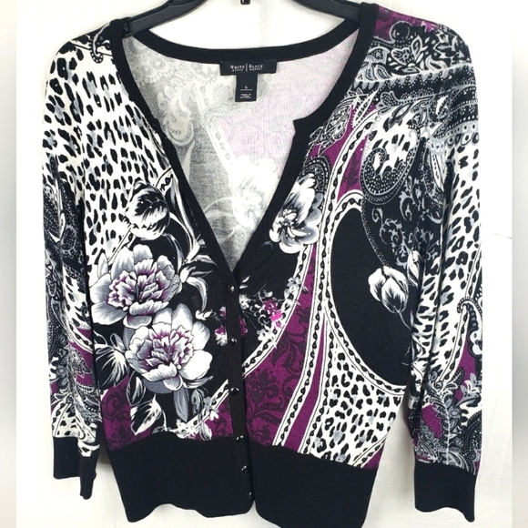 White House Black Market Black & Purple Button Up Dazzling Sweater Sz L - Picture 1 of 8